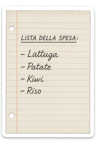 FOGLIO DI CARTA A RIGHE CON LISTA DELLA SPESA SCRITTA A PENNA:
"LISTA DELLA SPESA:
- Lattuga
- Patate
- Kiwi
- Riso", iperealistico 4k sticker
