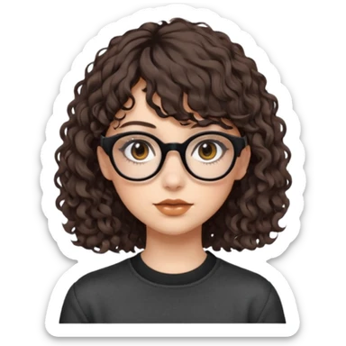 A girl with fair skin, brown eyes with black square glasses, eyeliner, shoulder length curly hair with bangs, with a grunge outfit  sticker