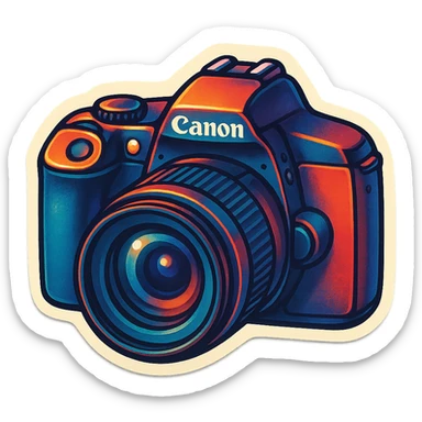 retro sticker style image of a Canon-like DSLR camera with prominent lens, bold contours, juicy colors, expressive highlights and shadows, playful energetic camera sticker