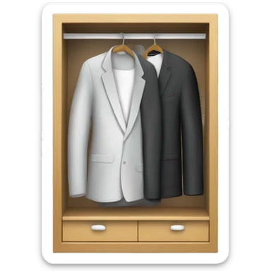 Design an emoji-style icon of an open wardrobe with clothes hanging inside. Include details like a wooden frame, hangers, and only black or white different clothing items such as shirts or any other clothing . Use a clean and minimalistic design. sticker
