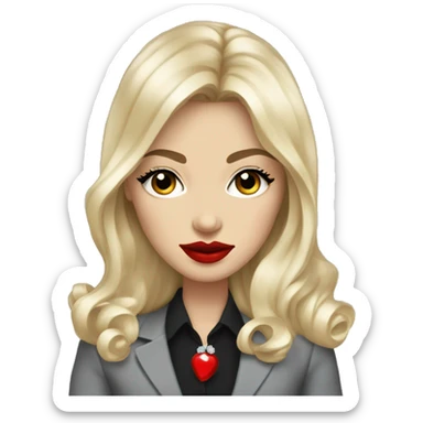 Russian Blonde long hair with big red lips small nose and black eyes Tiffany diamond seller in a grey suit sticker