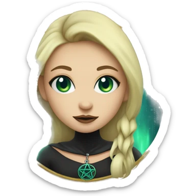 blonde witch girl with green eyes and straight hair with a birthmark above her upper lip wearing a necklace in a form of pentacle with a small blue stone inside doing tarot spread  sticker