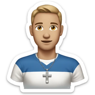 A guy with blue eyes, light skin, shaved brown hair under 0.5, wearing white T-shirt, a silver earring piercing with a cross on one ear. sticker