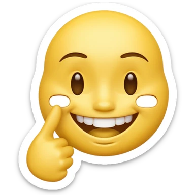 Yellow 3D emoji face, closed smiling eyes, wide toothy grin, one hand with index finger touching the mouth, playful flirty expression, clean emoji style. sticker