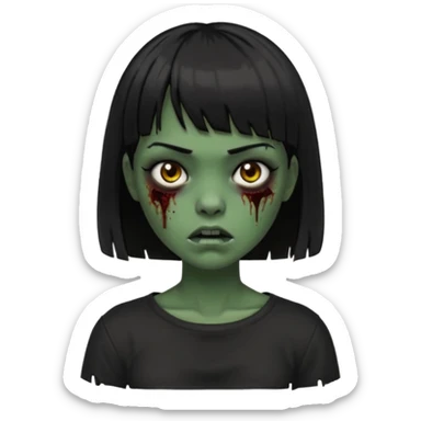 Zombie girl emoji verde escuro com cabelo curto liso preto no ombro e franja na altura da sobrancelha com uma blusa preta sticker