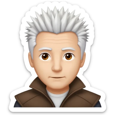 A light-skinned man with spiky white hair, brown eyes, and a slight smile. sticker