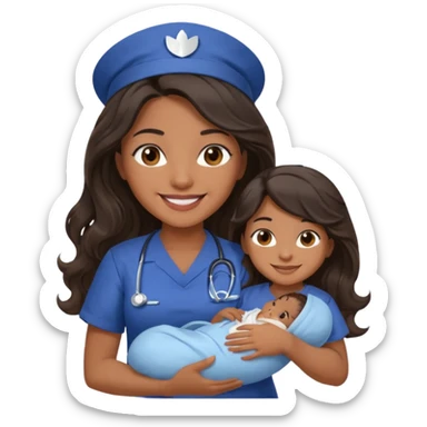 Female nurse smiling with long dark wavy hair with medium brown skin and brown eyes holding one new born with navy blue short sleeves sticker