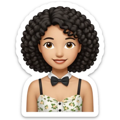 A young woman. She has voluminous, curly black hair that frames her face beautifully. Her skin tone is light Brown and glowing, and she has a subtle, natural makeup look. She’s smiling softly at the camera. She is wearing a white floral top with thin straps and a small bow tie detail in the front. sticker