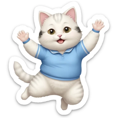 A chubby white kitten in pastel uniform jumping in cheer pose. sticker