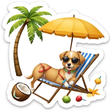 a dog laied on a beach chair, a sunny beach, a sun umbrella, and beach coconut trees. the icon should capture the essence of a relaxing beach vacation with a carefree atmosphere sticker