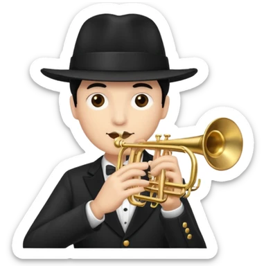 character with a black hat and a trumpet sticker