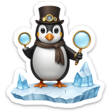 a steampunk engineer penguin analysing a data stream with a magnifying glass on top of an iceberg sticker
