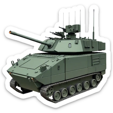 Stryker M1126 (2020) – Cinematic-realistic Stryker M1126 armored personnel carrier, its dark grey-green hull speeding down a war-torn street. The eight large tyres grip the cracked pavement as infantry hunker inside, the turret-mounted .50 cal machine gun scanning rooftops for threats under the eerie glow of distant fires. sticker