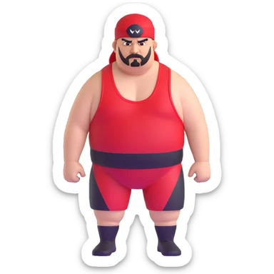White skin fat guy with prominent black durag, shaved beard stubble, black eyes in a red and black wrestling singlet with angry face sticker