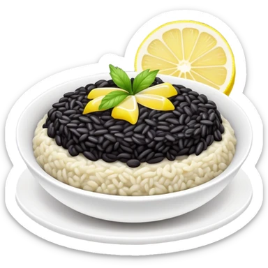 black risotto in a white bowl with a slice of lemon sticker