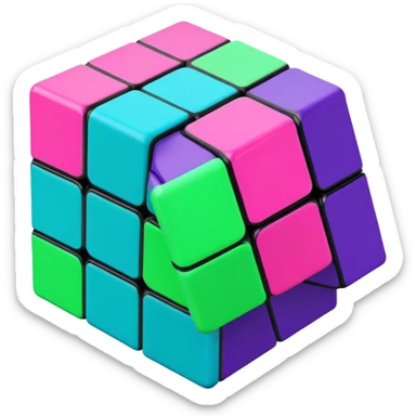 A 3x3 Rubik's Cube in mid-turn, showing movement, with vibrant 90s American colors like neon green, purple, turquoise and hot pink sticker