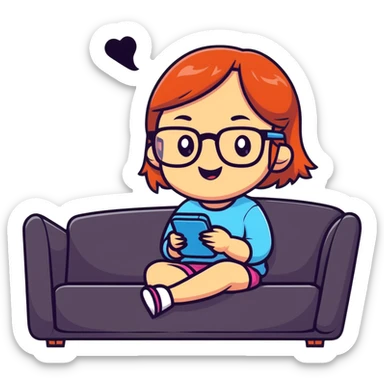 A cute young girl with glasses sitting on a couch, happily playing a mobile phone game with a cheerful expression sticker