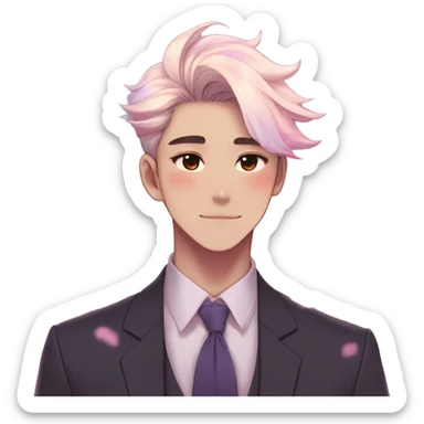 Gorgeous romantic anime style Asian formal modern gentlemanly guy with pretty hair and flower petals and blushing face aesthetic trending style outside with colorful gradient colors  pastelcore cottagecore kawaiicore sticker