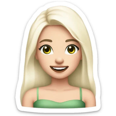 beautiful girl with fair skin, high cheek bones orange blush, long straight shiny dark brown hair, big green eyes and big pale pink lips. Long thick eyelashes. Wearing a cream bustier.  She is laughing sticker