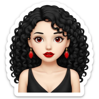 long black curly hair with white skin black dress and lipstick sticker