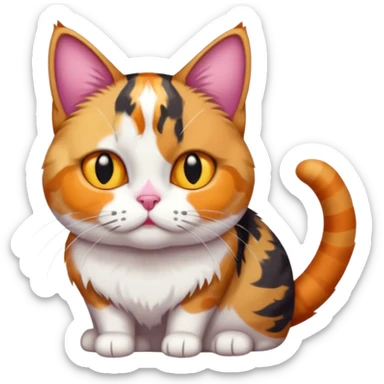 full body colourful calico tabby cat with skinny head and fat body with an anxious face sticker