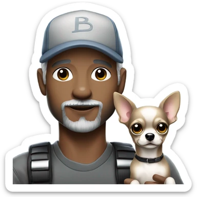 Handsome man with blue eyes, wearing ball cap, with grey hair and goatee beard, holding all black long haired chihuahua sticker