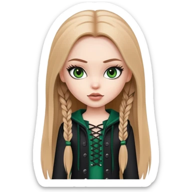 pretty bratz girl, long straight LIGHT BROWN HAIR, dark green eyes, black eyeliner, pale skin, black girly clothes with laces sticker