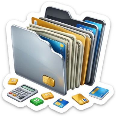 Closed folder icon with small symbols floating around: bank building, credit card, calculator, and document – organized financial archive sticker