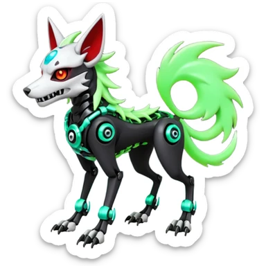 Hyper realistic demonic skeletal black and neon green futuristic shiny colorful mechanical bioluminescent cyber-Cyborg-Poochyena-Lycanroc-Zorua-Litten-Houndoom-Fakémon-Pokémon-Digimon-hybrid-fusion (full body) with a skull face sticker