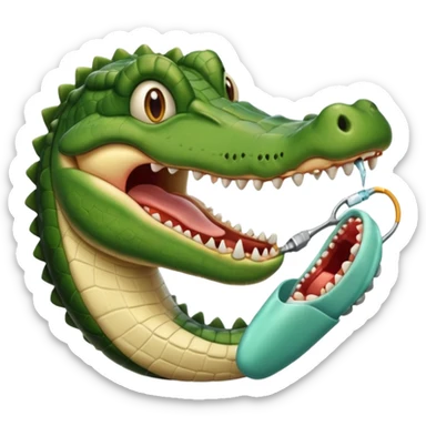 an alligator opening its mouth with a dentist sticker