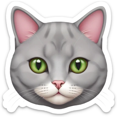 a female cat, british short hair mixed with scottish, grey white fur with a little bit of red-brownish, warm green eyes, pink nose sticker
