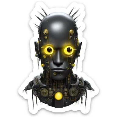 black metal cyborg head with circuitry, one artificial eyeball, and yellow Mohawk goatee sticker