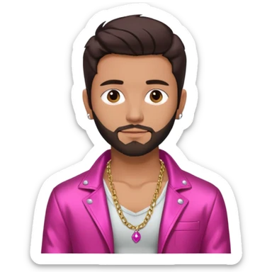Frankie Zulferino, Pop Singer (b.1990) with dark brown hair and short beard shirtless with necklace, dark pink metallic jacket sticker