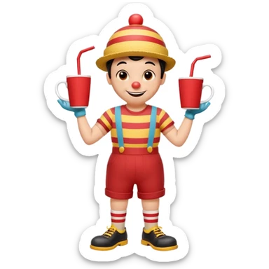 1930s rubber hose cartoon-style cup character with a big smile, black eyes, red nose, and striped straw on head. Wearing red shorts, yellow gloves, brown shoes, black shirt. Arms on hips, cheerful pose. Vintage Disney/Fleischer style, clean lines, limited colors, slight paper texture. 
 sticker