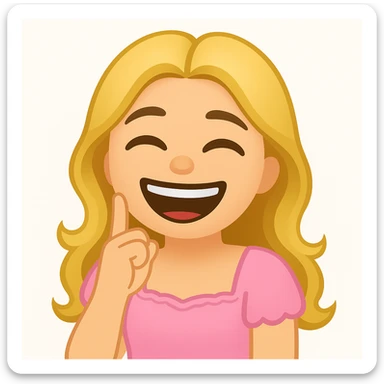 Create an edited version of the reference image in the style of apple emojis. The character should have blonde long hair, green swamp eyes, and wear a pink pastel dress. Change the expression to a laughing expression while keeping all facial features, clothes, and hairstyle from the reference. sticker