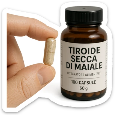 close-up of a hand holding a capsule of 'Tiroide Secca di Maiale' supplement, jar with readable label in the background, pharmaceutical style, 4K hyperrealism sticker