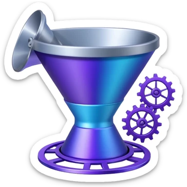 A funnel with cogs and a chart on the back sticker