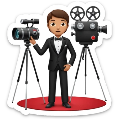 an actor standing on a red carpet with a formal tuxedo, with only one movie camera on a tripod next to him. sticker