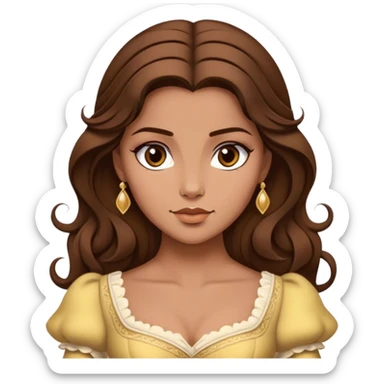 Cinematic Realistic Belle Portrait, depicted with lifelike skin texture, soft natural lighting, and intricately detailed brown hair styled elegantly. Her deep, expressive eyes exude warmth and intelligence, complemented by a serene and graceful expression. She is dressed in her classic attire, with rich fabric textures and delicate folds that catch the light beautifully. The portrait features a soft, enchanting glow with a natural, radiant finish, capturing the essence of timeless beauty in a realistic and painterly style, evoking a sense of depth and authenticity. sticker