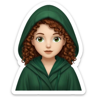 A white woman, a little thicker, with long dark auburn hair robed and hooded like she's a Traitor in the tv show The Traitors. her hair is mostly curly (kinda frizzy, not clean curls) and the robe is a dark dark forest green green sticker