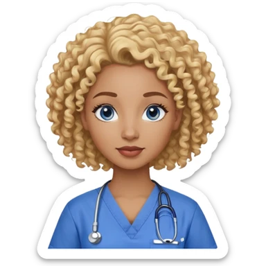 African American woman with curly blonde hair and blue eyes in scrubs sticker