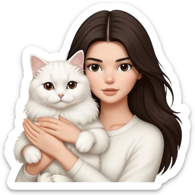 brunette Kendall Jenner with long hair holding on the hands a british white british cat sticker