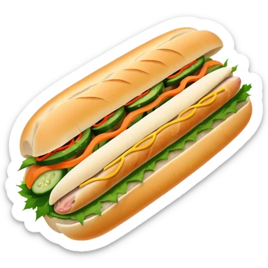 traditional banh mi with char grilled pork emoji 


    Very crusty baguette

    Mayo 

    Pickled carrot 

    Cucumber, coriander/cilantro, green onion, chilli 
 sticker