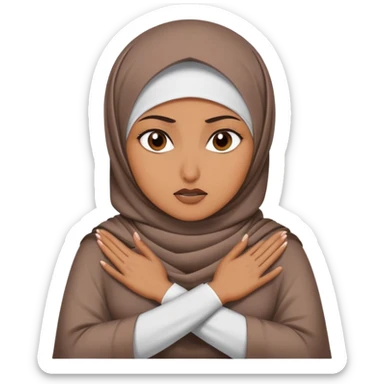 hijabi woman, furious expression, hands crossed in an X over her neck sticker
