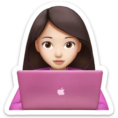 Long hair Brunette Asian girl working pink laptop sticker
