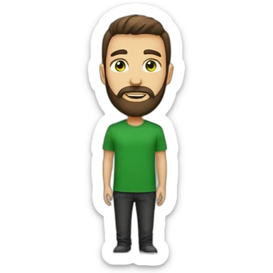 a medium and brown beard man. green eyes. black t-shirt sticker