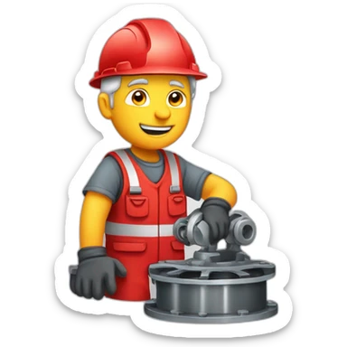 Industrial professional senior mechanical assembler working on the assembly of heavy machinery with a red outfit sticker