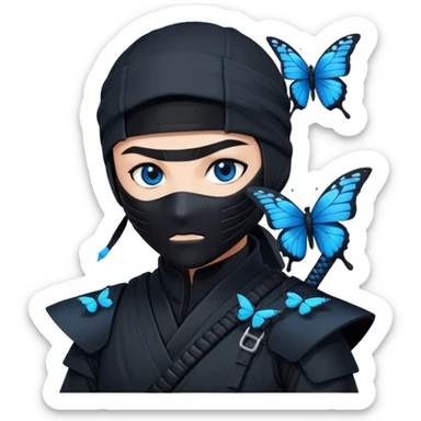 Crea un emoji para usar en WhatsApp con estos dos emoji 🥷🏻 🦋.
Ninja vestido de negro con los ojos negros y con la piel blanca y una mariposa azul posada en su hombro izquierdo como si la mariposa estuviera volando en el hombro. sticker
