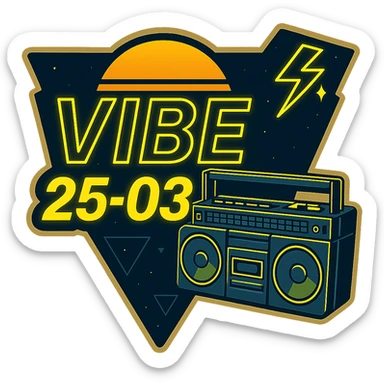 Edit the VIBE25-03 logo by changing all pink elements to neon yellow while preserving the neon 80's synthwave style and the boombox focus. Keep no background (transparent). sticker