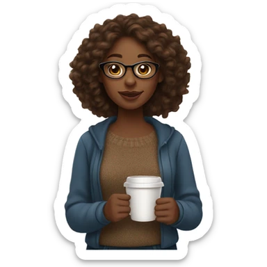 brown long wand curl hair black women sweater brown eyes and small glasses holding coffee sticker